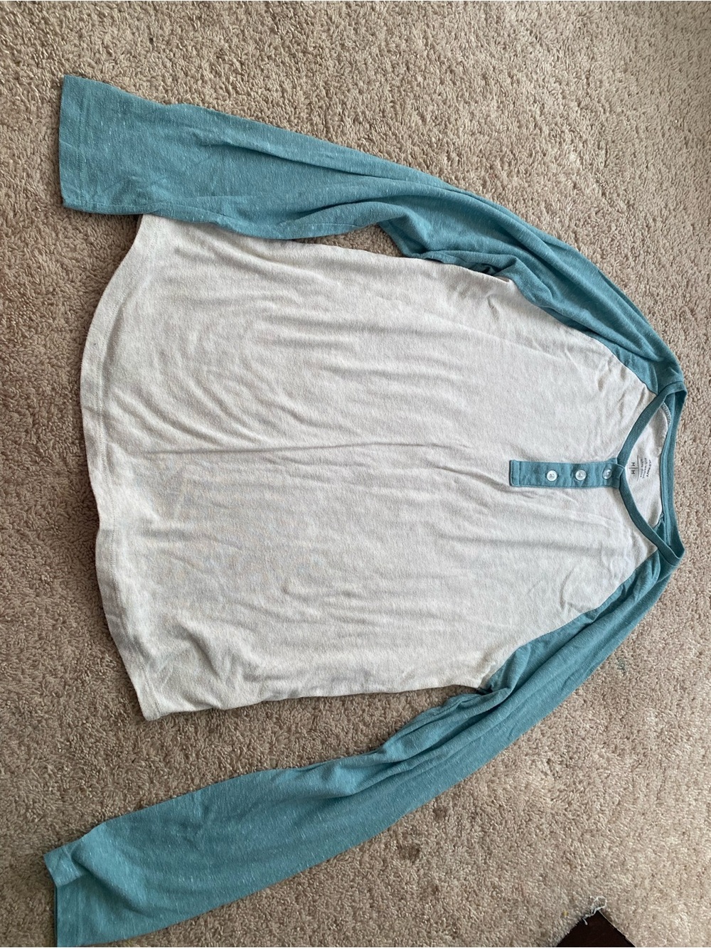 Old Navy Teal and White Raglan Henley Long Sleeve Shirt